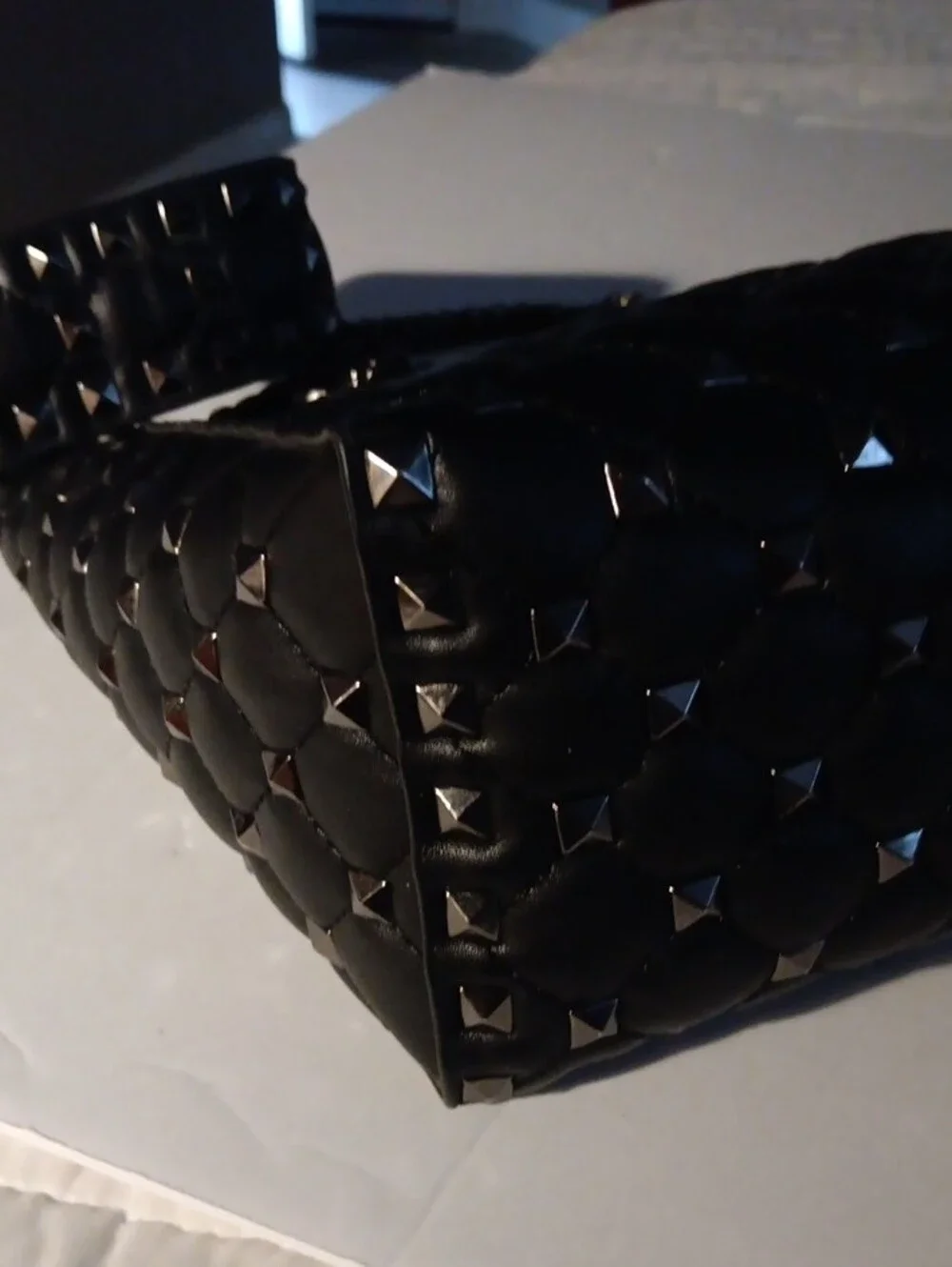 Black Quilted Tote with Pewter Pyramid Studs and Chain Straps By Inzi